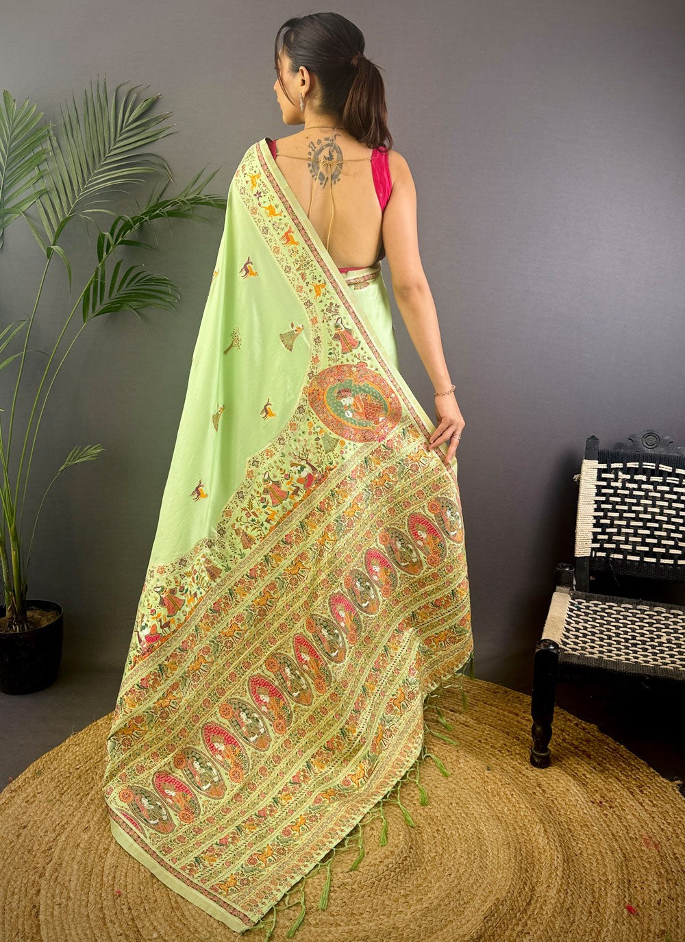 Green Pashmina Designer Saree Weaving Zari S17668
