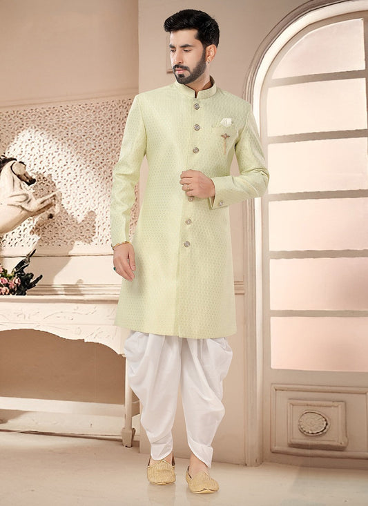 Woven Silk Green Sherwani - M7538