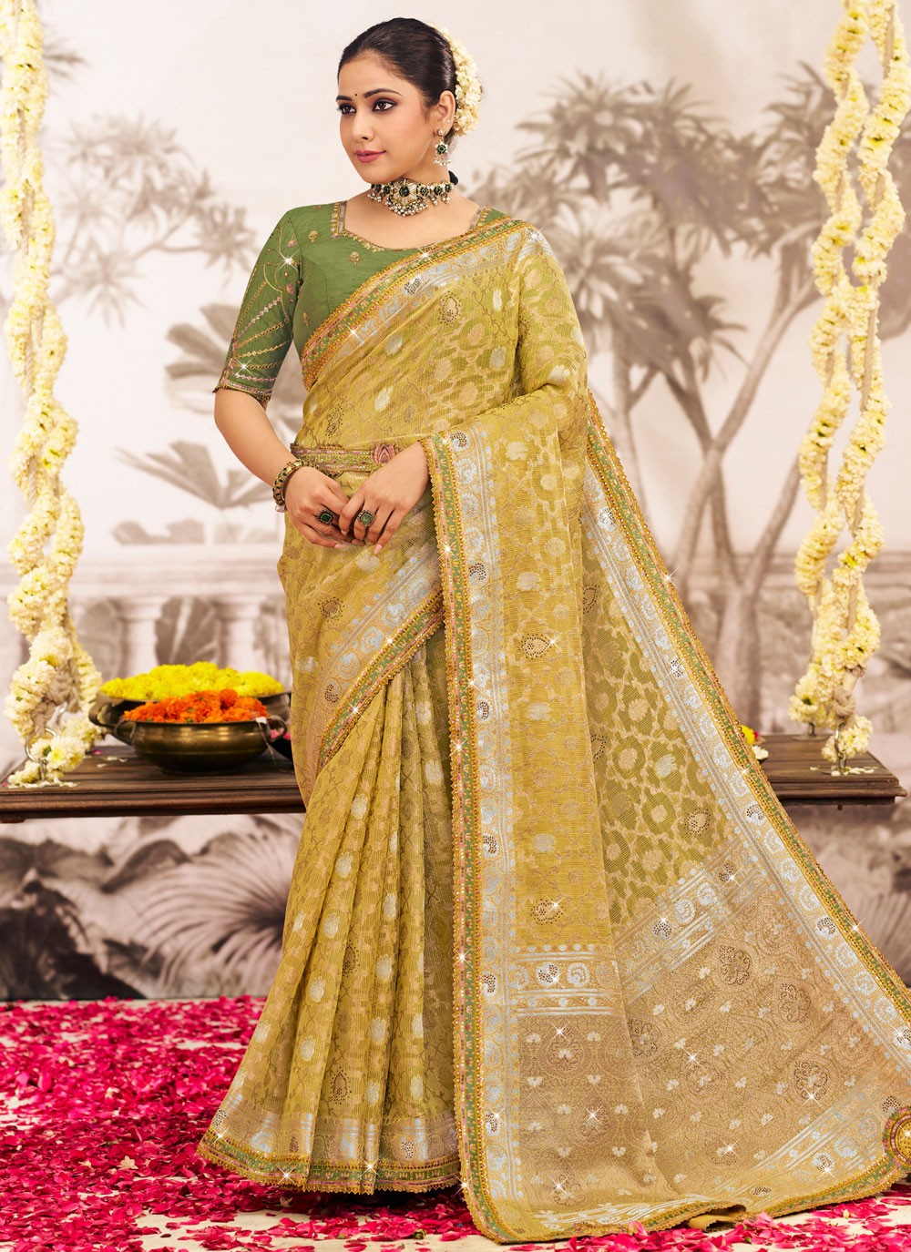 Green Silk Trendy Saree Embroidered, Lace S19599