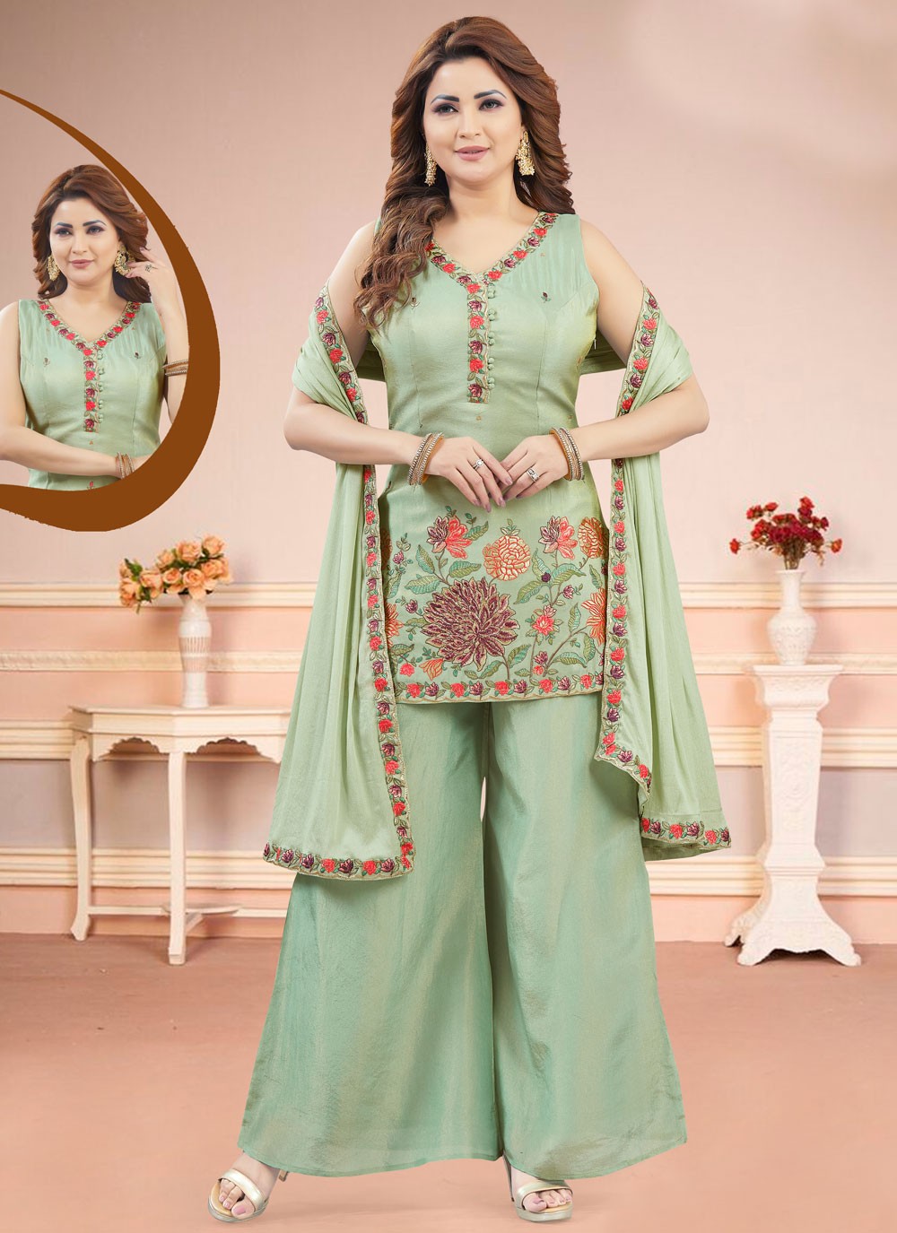 Salwar Suit Embroidered Green Silk T5848