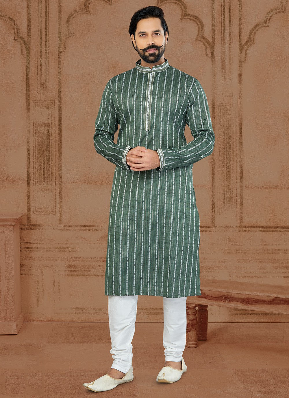 Fancy Work Soft Cotton Green Kurta - M5773