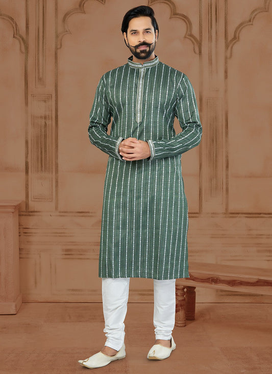 Fancy Work Soft Cotton Green Kurta - M5773