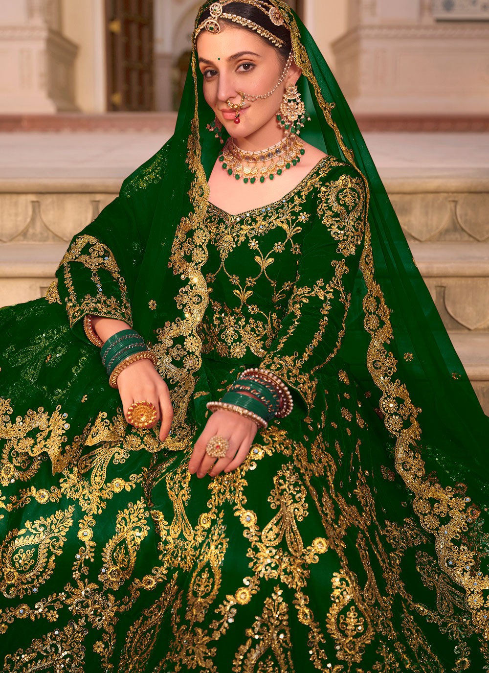 Embroidered Velvet Green Lehenga - L3292