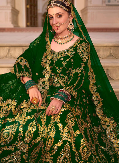 Embroidered Velvet Green Lehenga - L3292
