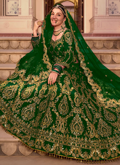 Embroidered Velvet Green Lehenga - L3292