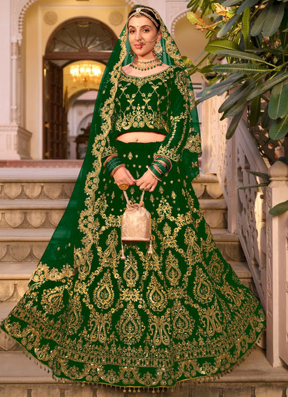 Embroidered Velvet Green Lehenga - L3292