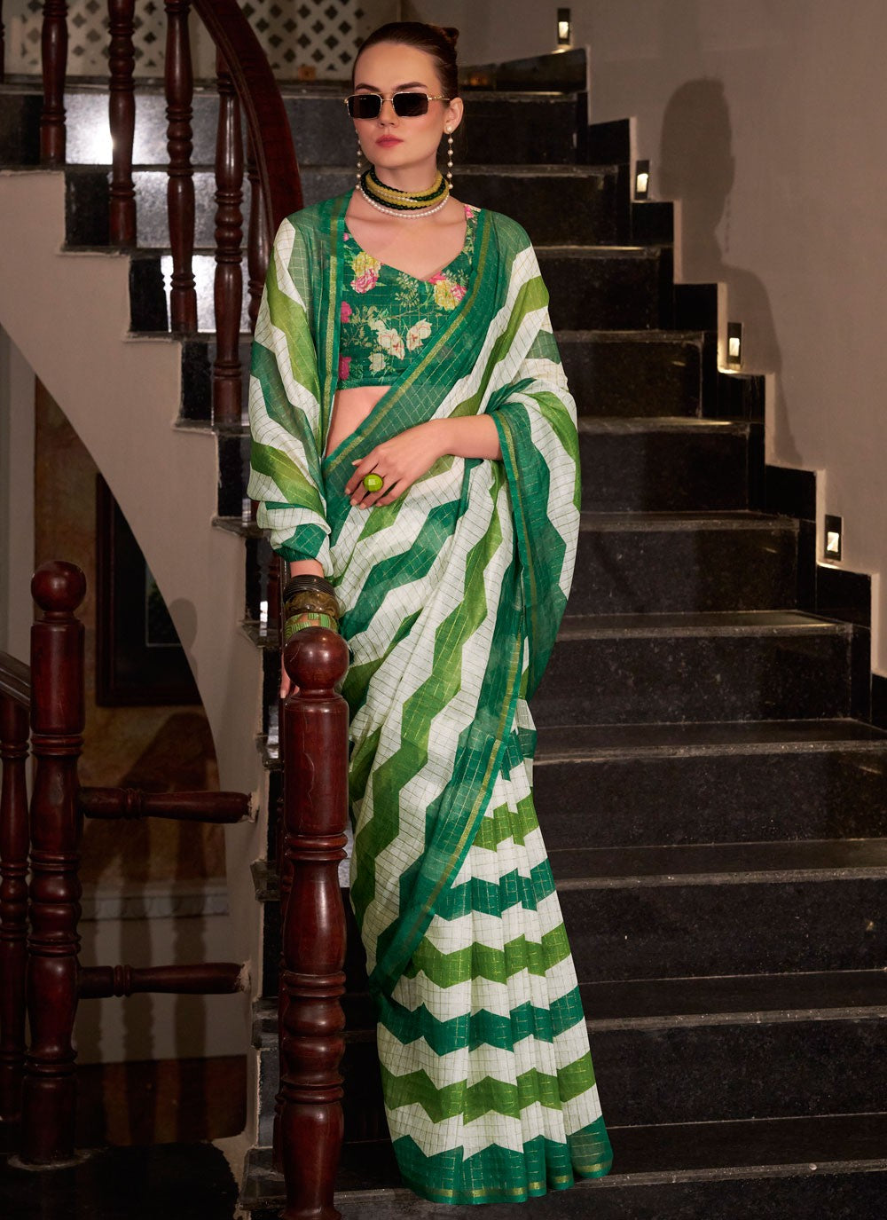 Strips Cotton Silk Green Saree S14776