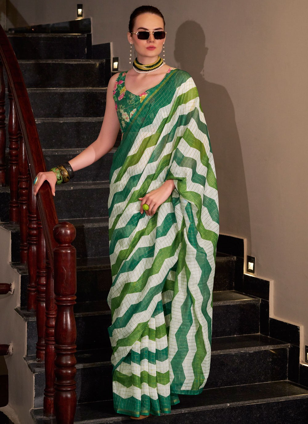 Strips Cotton Silk Green Saree S14776