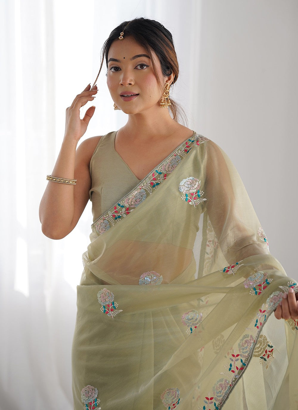 Contemporary Embroidered Green Net S12465