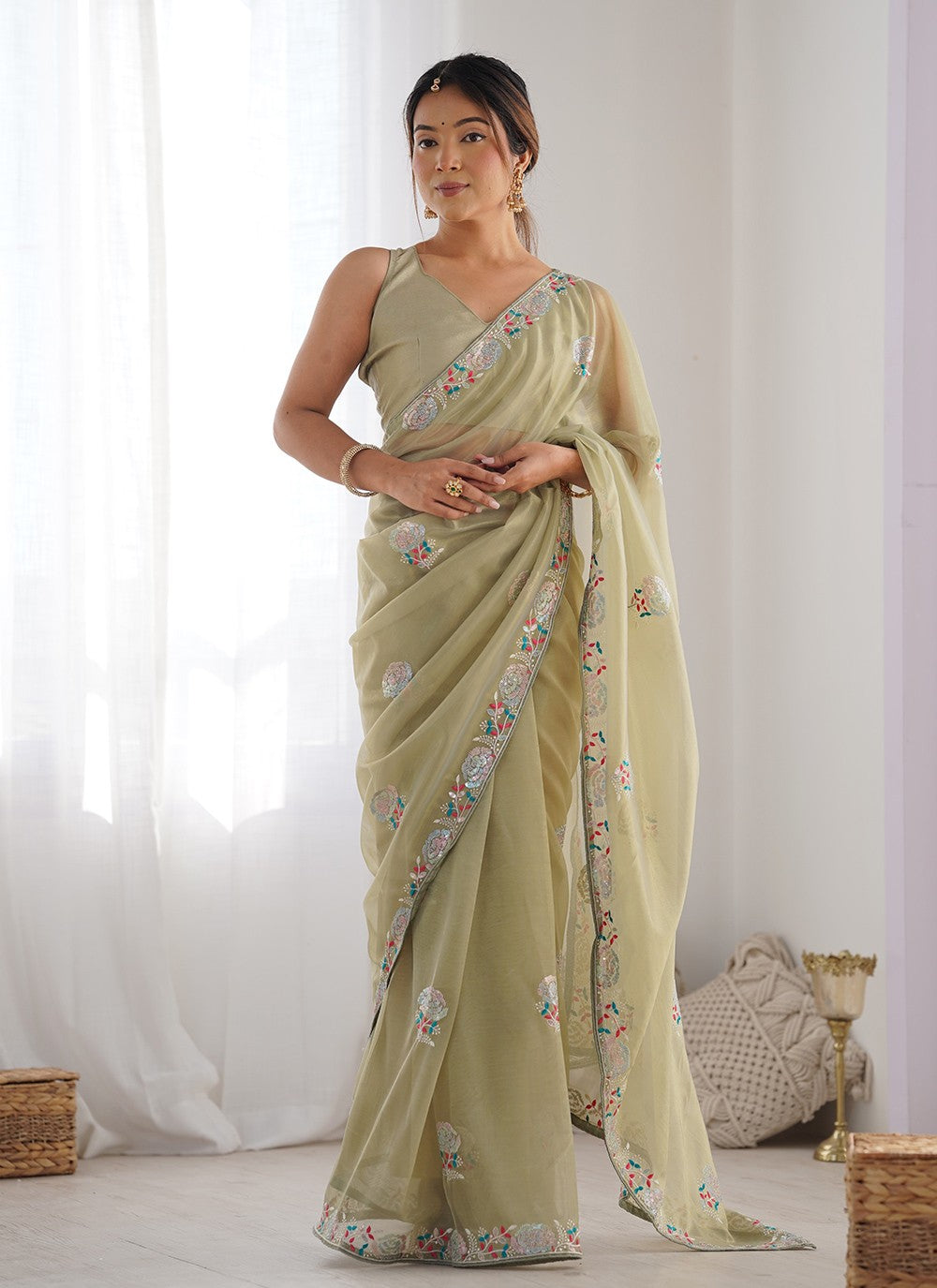 Contemporary Embroidered Green Net Saree S12465