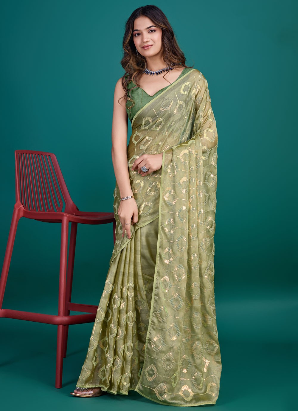Classic Sequins Glass Tissue Saree - S8209