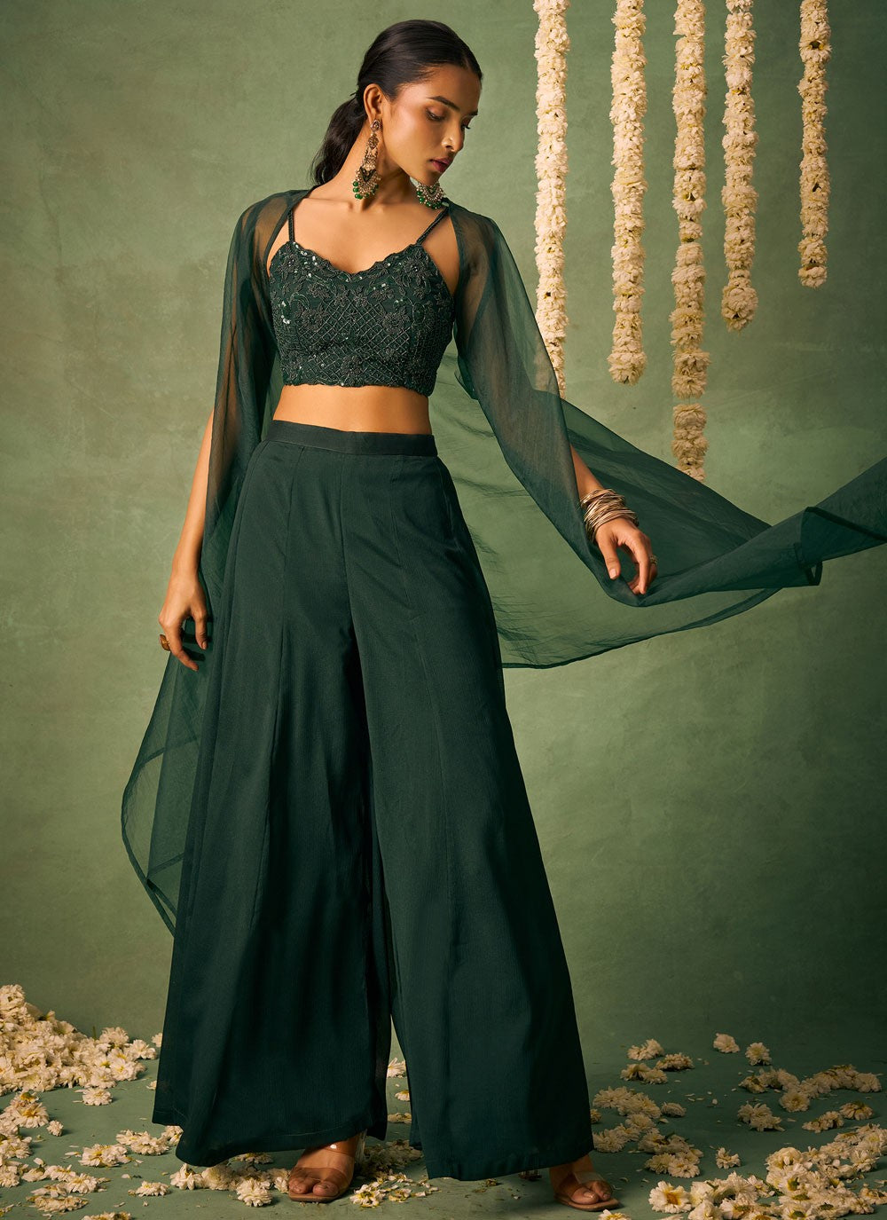 Salwar Suit Beads Green Chinon T5897