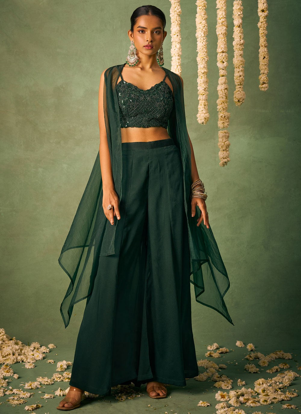 Salwar Suit Beads Green Chinon T5897