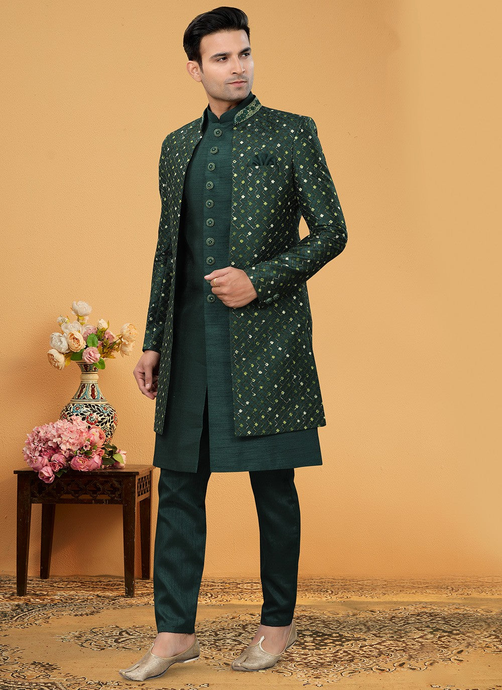 Hand Embroidery Art Silk Green Indo Western Sherwani - M5151