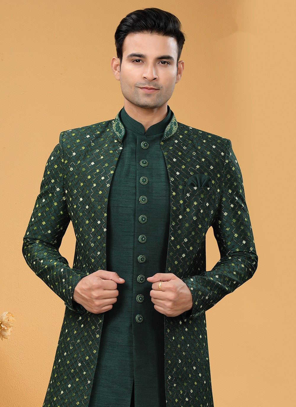 Hand Embroidery Art Silk Green Indo Western Sherwani - M5151