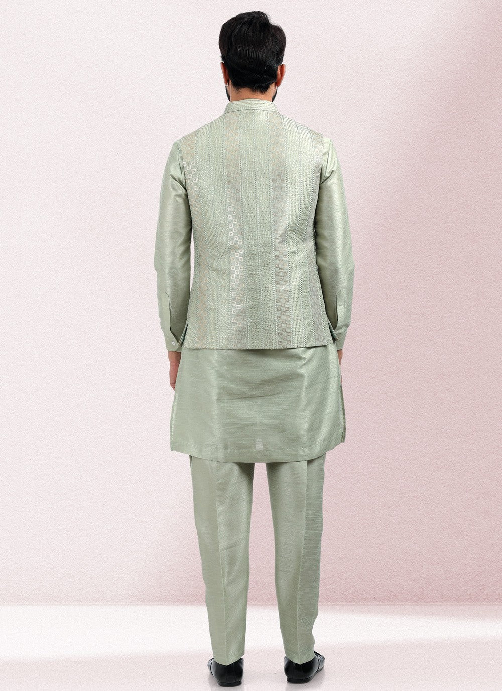 Embroidered Banarasi Silk Green Kurta Payjama With Jacket - M5136