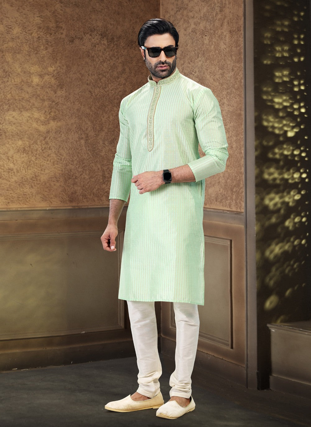 Fancy Work Art Silk, Jacquard Green Kurta Pyjama - M4869