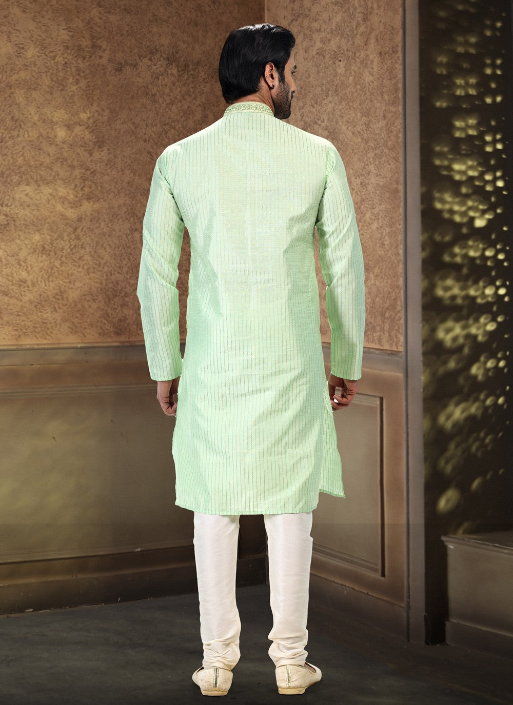 Fancy Work Art Silk, Jacquard Green Kurta Pyjama - M4869