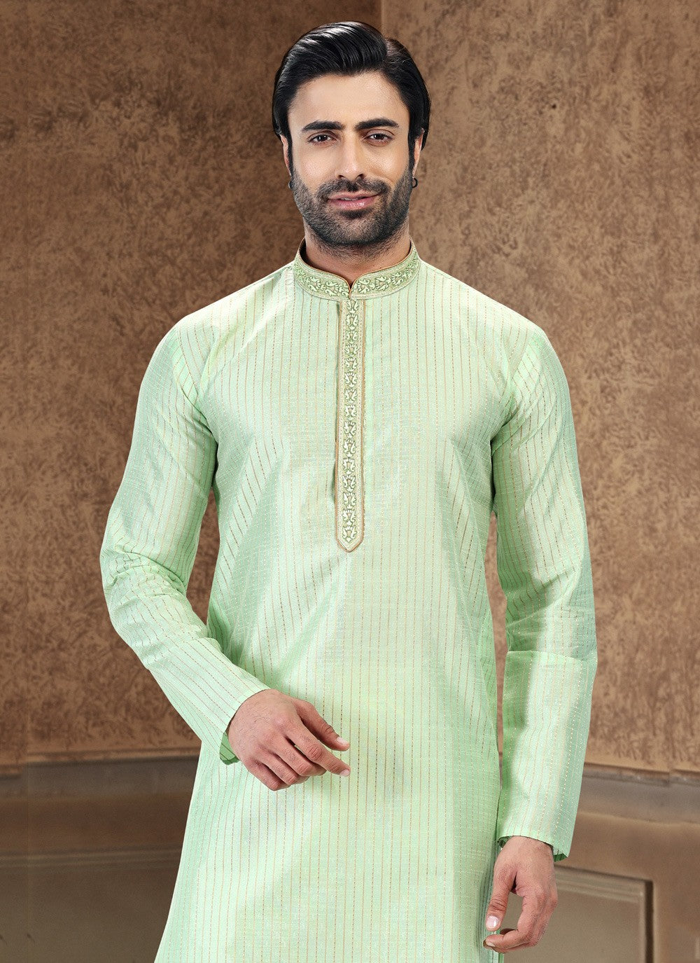 Fancy Work Art Silk, Jacquard Green Kurta Pyjama - M4869