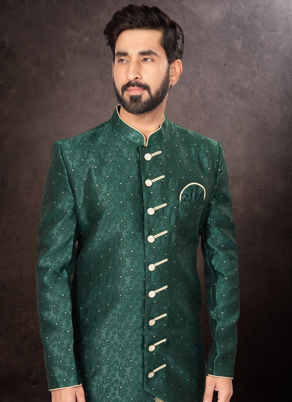 Embroidered Jacquard Green Indo Western - M7243