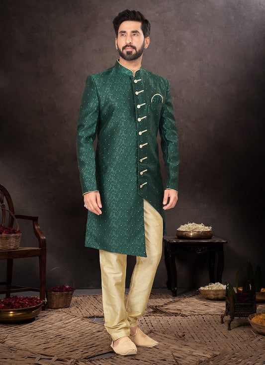 Embroidered Jacquard Green Indo Western - M7243