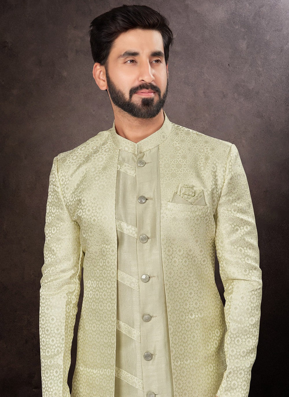 Embroidered Jacquard Green Indo Western - M7245