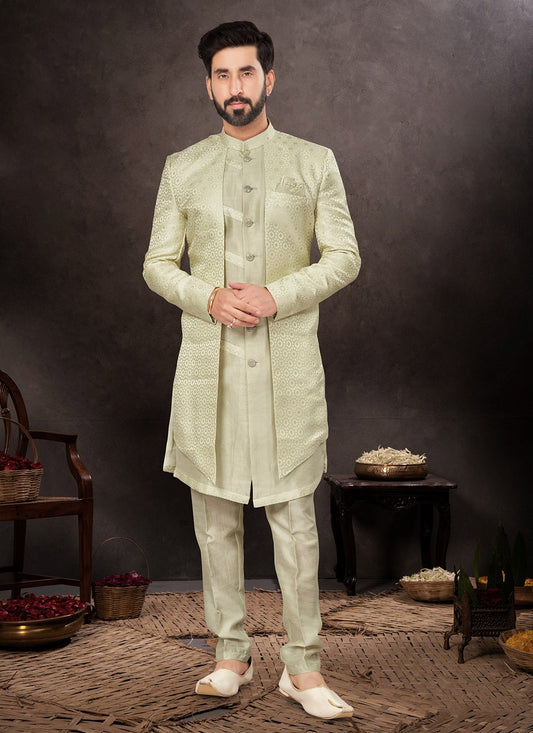Embroidered Jacquard Green Indo Western - M7245