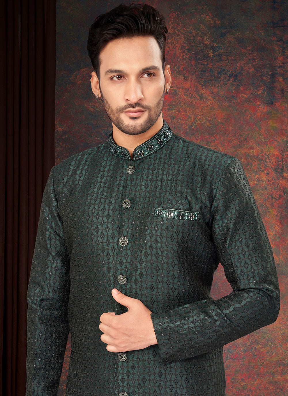 Fancy Work Jacquard Green Indo Western - M7209