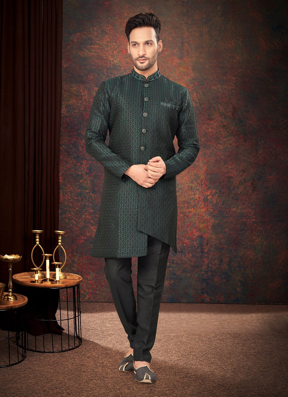 Fancy Work Jacquard Green Indo Western - M7209