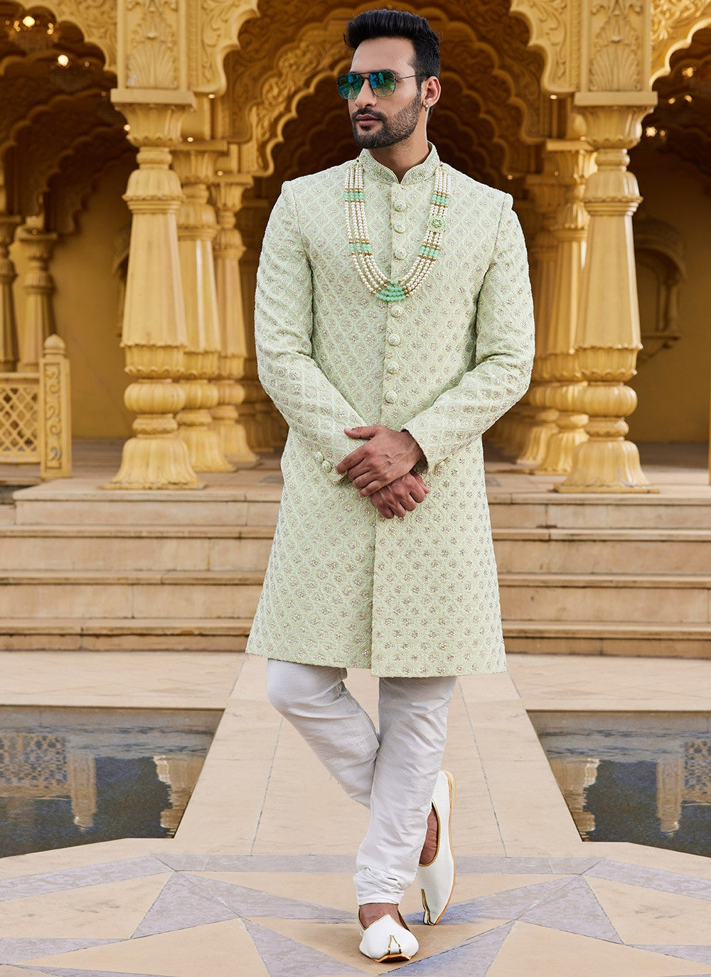 Machine Embroidery Georgette Green Sherwani - M6095