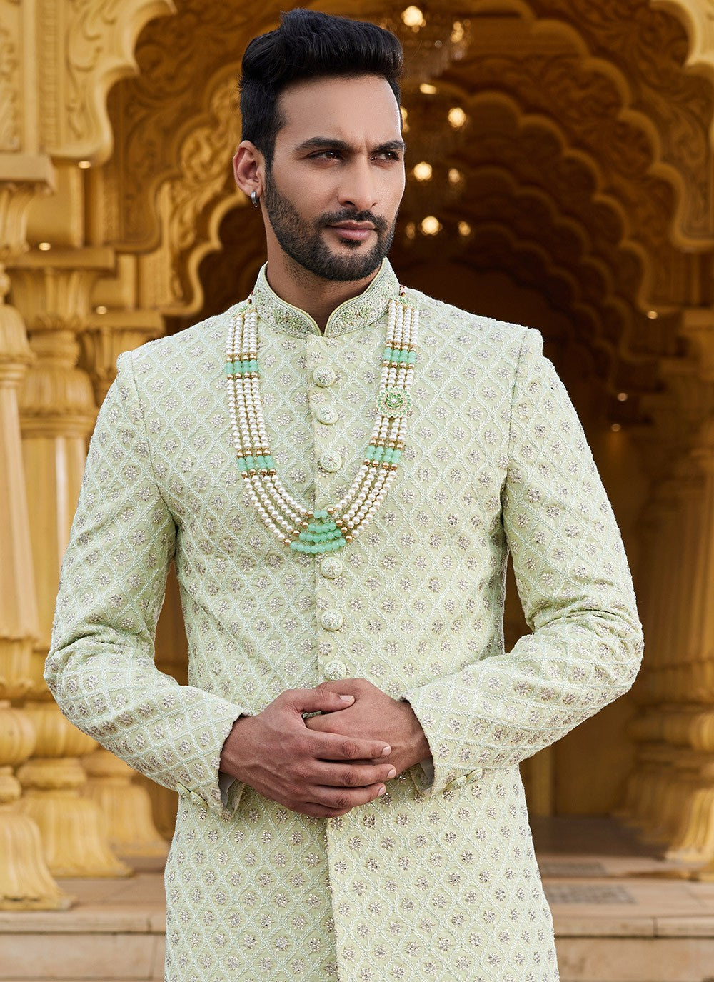 Machine Embroidery Georgette Green Sherwani - M6095