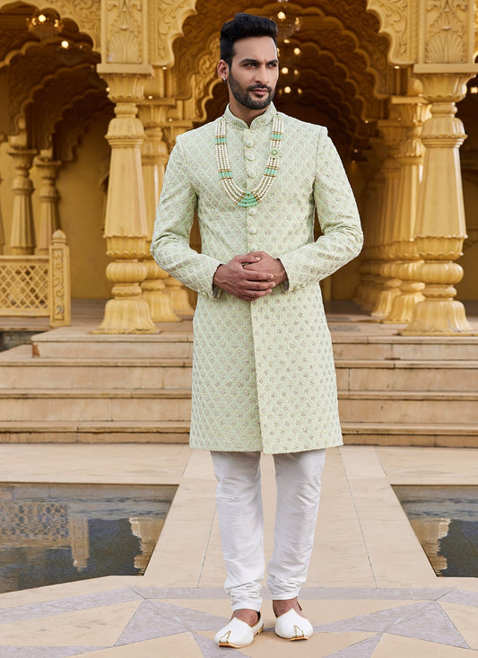 Machine Embroidery Georgette Green Sherwani - M6095