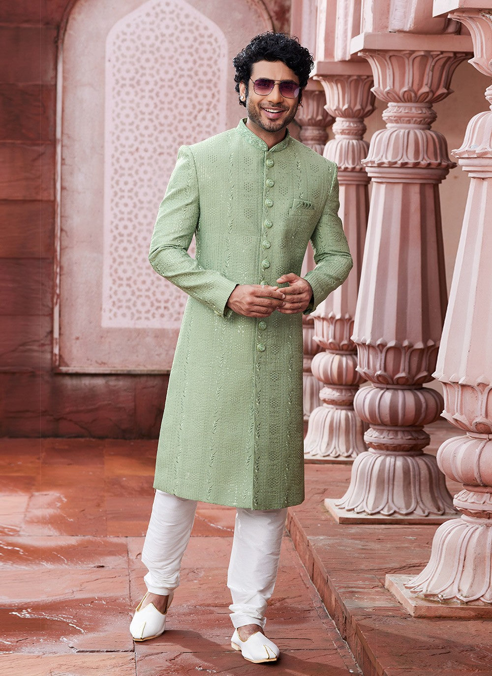 Hand Embroidery Art Silk Green Sherwani - M6140