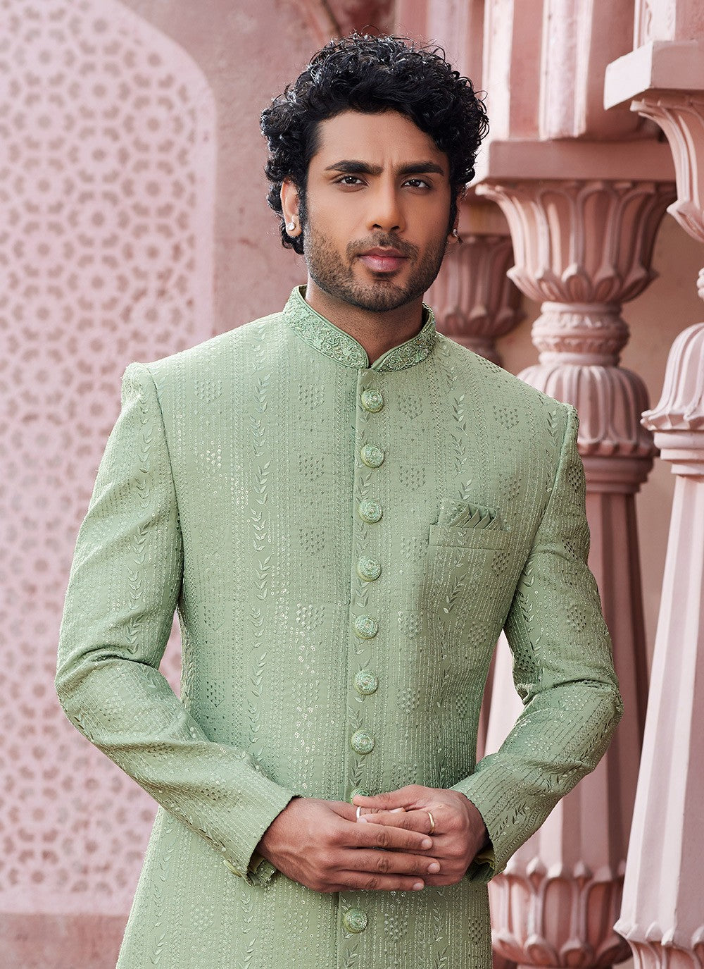 Hand Embroidery Art Silk Green Sherwani - M6140