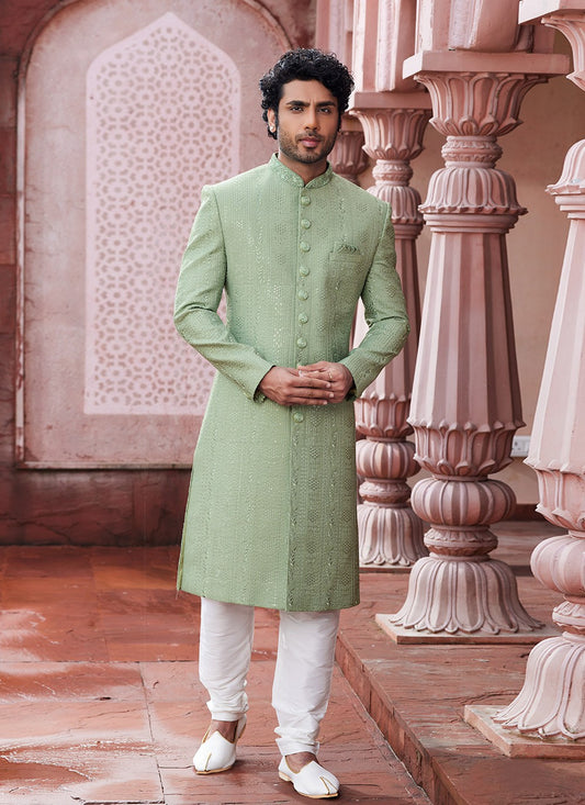 Hand Embroidery Art Silk Green Sherwani - M6140