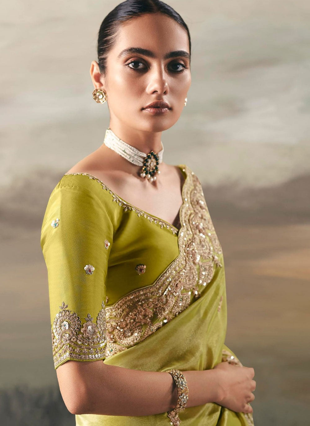 Green Tissue Traditional Saree Embroidered, Resham, Thread S20403