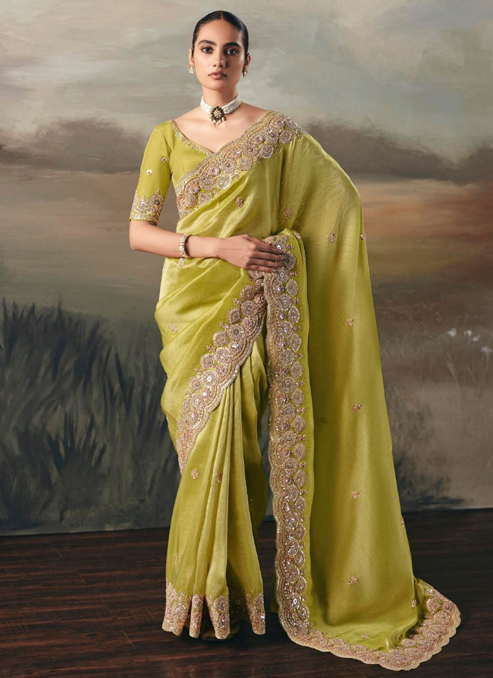 Green Tissue Traditional Saree Embroidered, Resham, Thread S20403