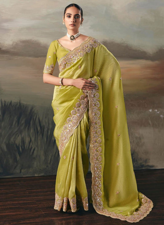 Green Tissue Traditional Saree Embroidered, Resham, Thread S20403