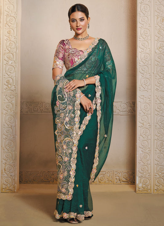 Green Organza Trendy Saree Embroidered, Thread S20453