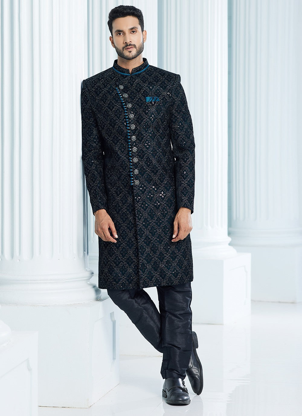 Machine Embroidery Velvet Green Indo Western Sherwani - M6114