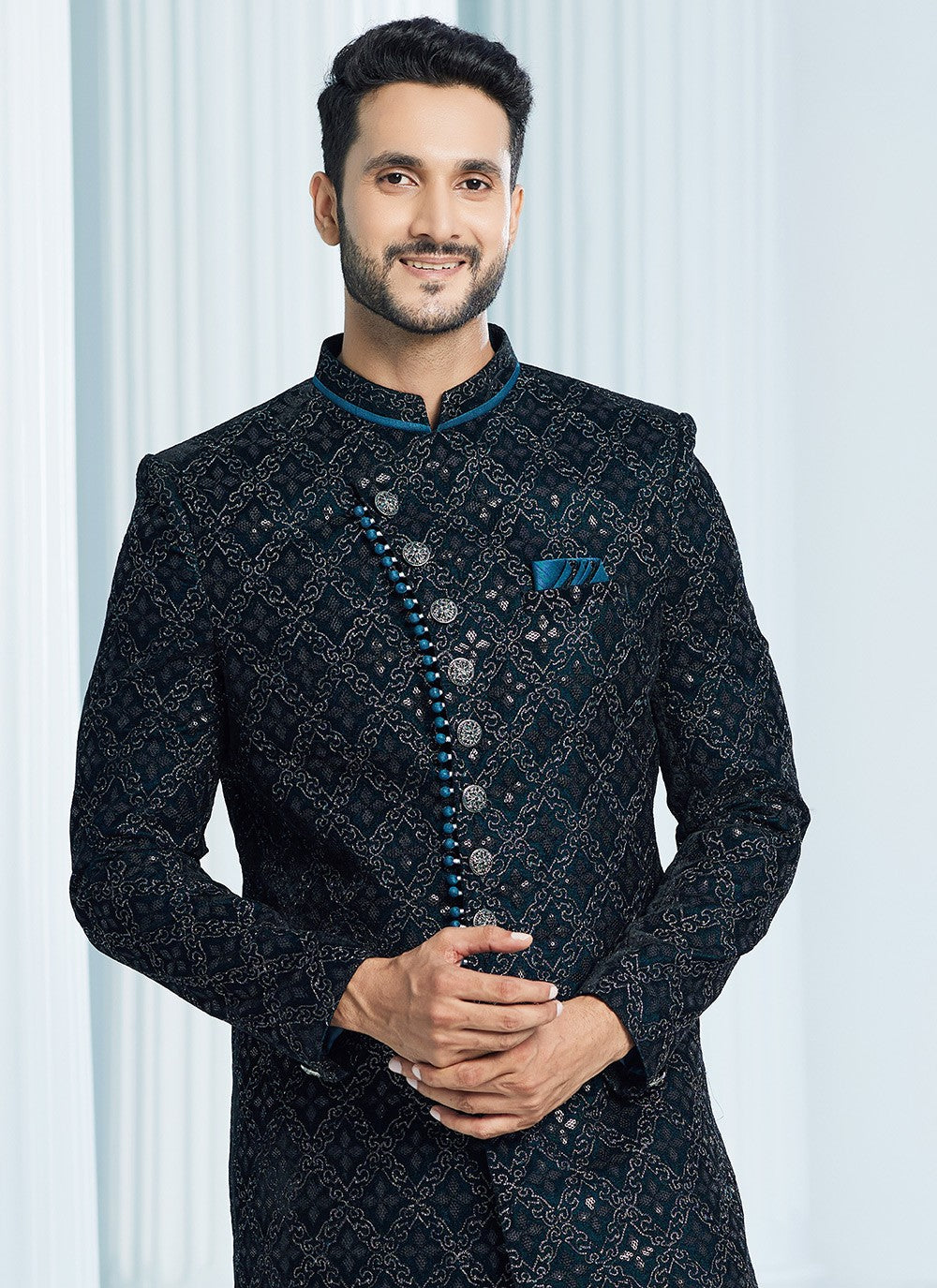Machine Embroidery Velvet Green Indo Western Sherwani - M6114