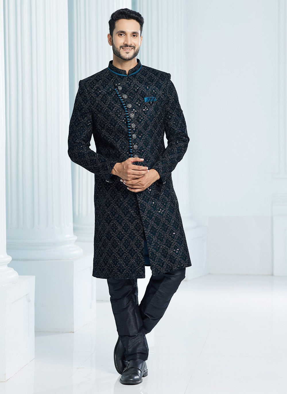 Machine Embroidery Velvet Green Indo Western Sherwani - M6114