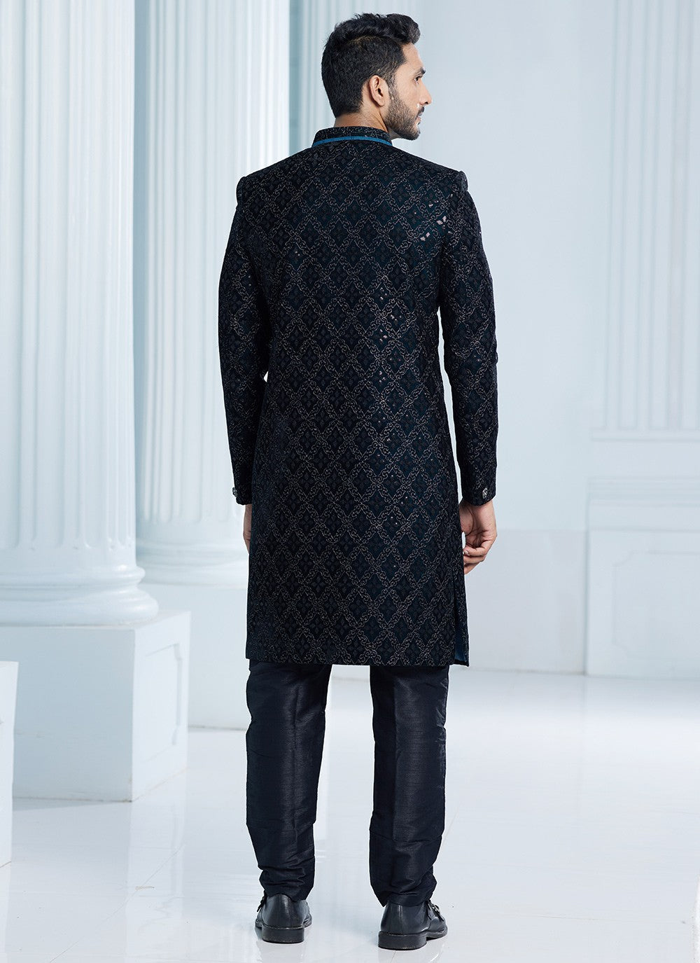 Machine Embroidery Velvet Green Indo Western Sherwani - M6114