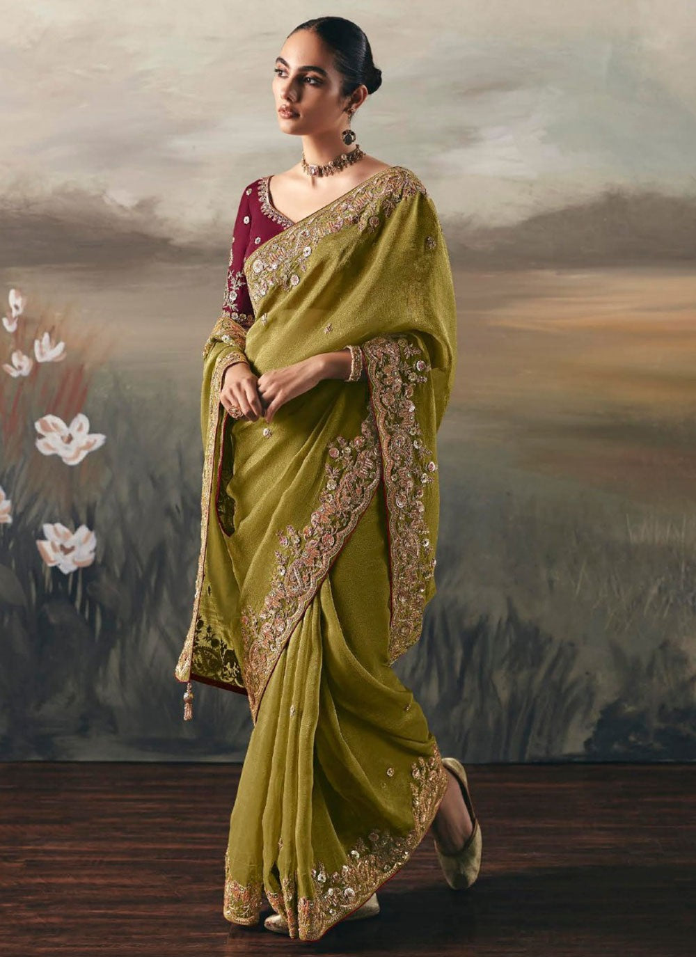 Green Tissue Classic Saree Embroidered, Resham, Thread S20408