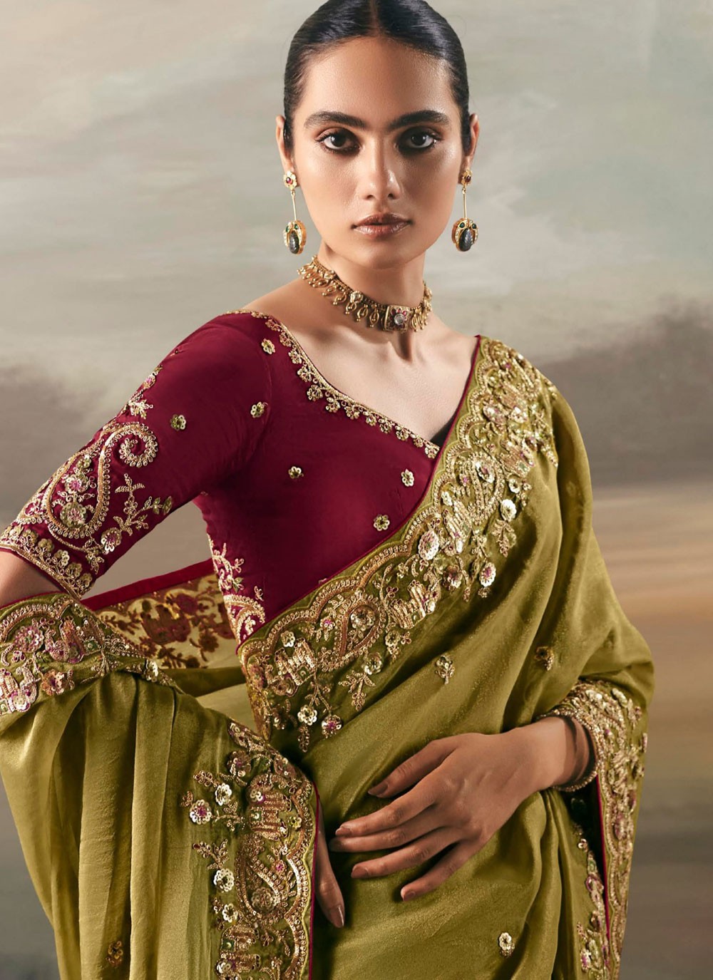 Green Tissue Classic Saree Embroidered, Resham, Thread S20408