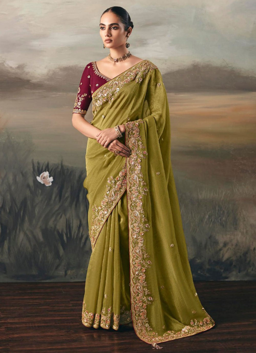Green Tissue Classic Saree Embroidered, Resham, Thread S20408