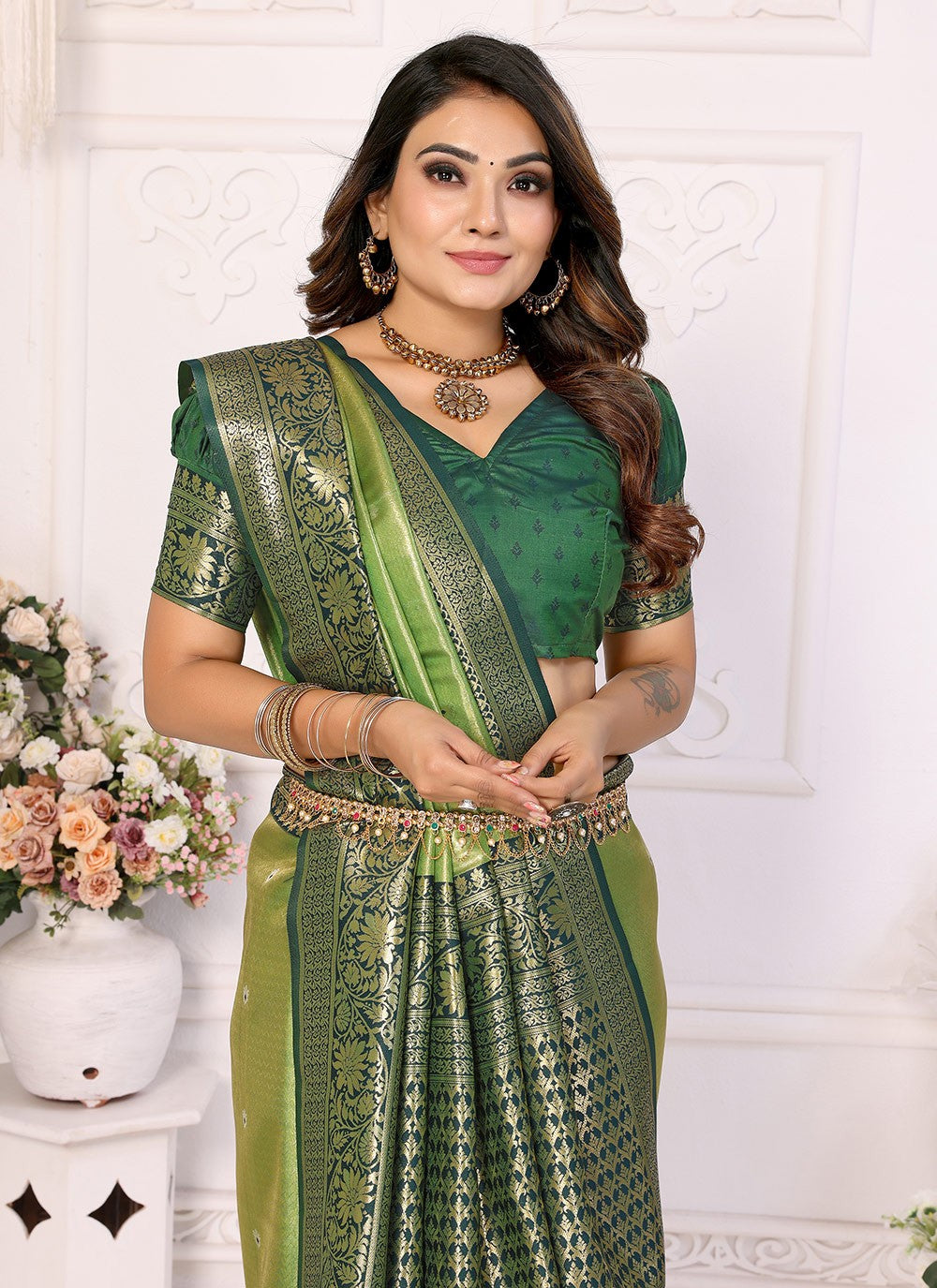 Woven Banarasi Silk Green Saree S14686