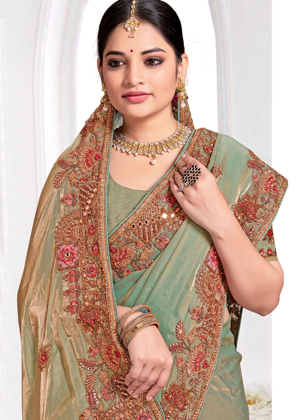 Traditional Beads Green Silk Saree S13082