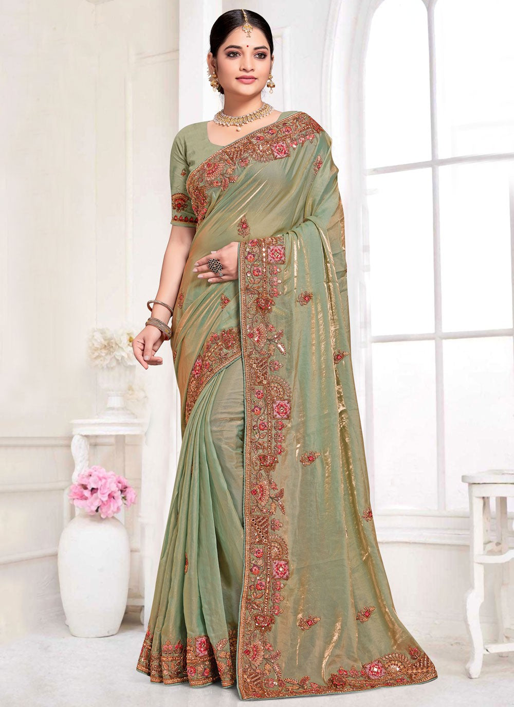 Traditional Beads Green Silk Saree S13082