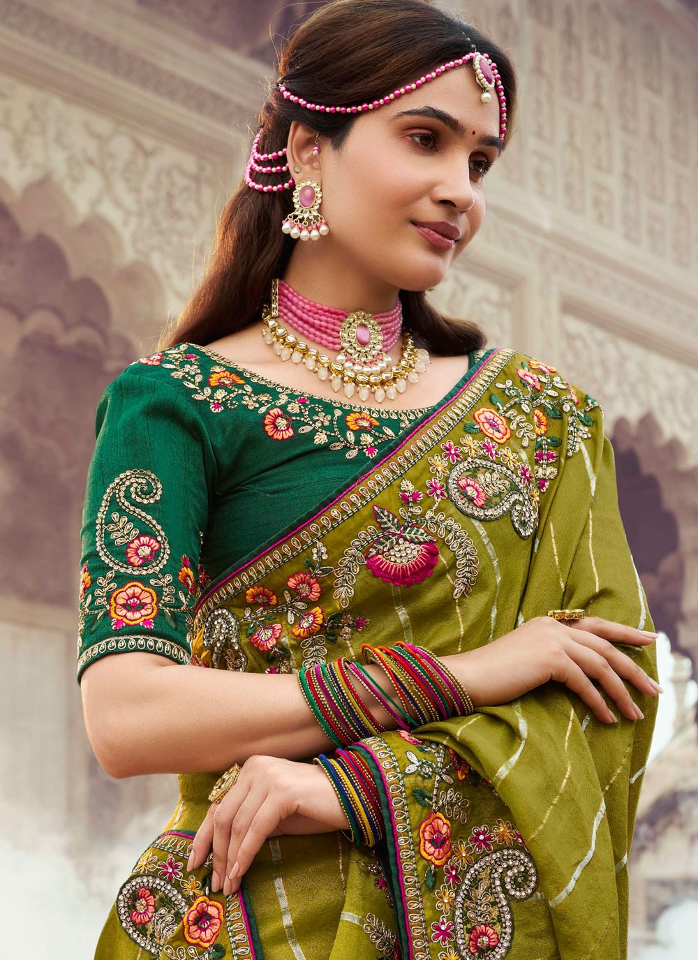 Embroidered Silk Green Traditional Saree S15345